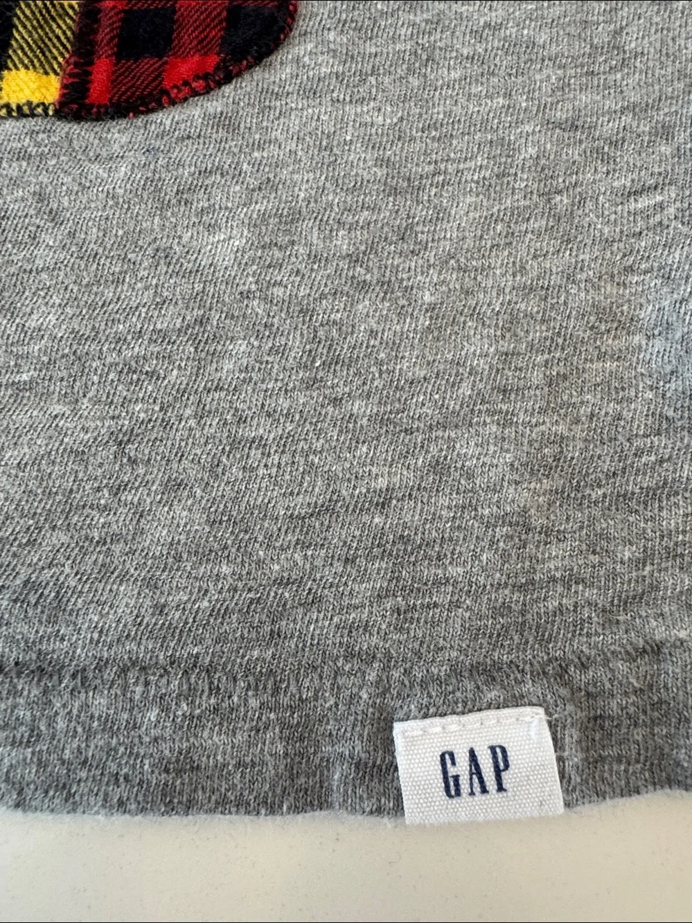 GAP Grey Long-Sleeve Tee with Plaid Disney Mickey Mouse in Red, Blue & Yellow